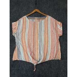 L.L. Bean Signature Top Women XL Multi-Color Excellent Linen Striped Tie Front